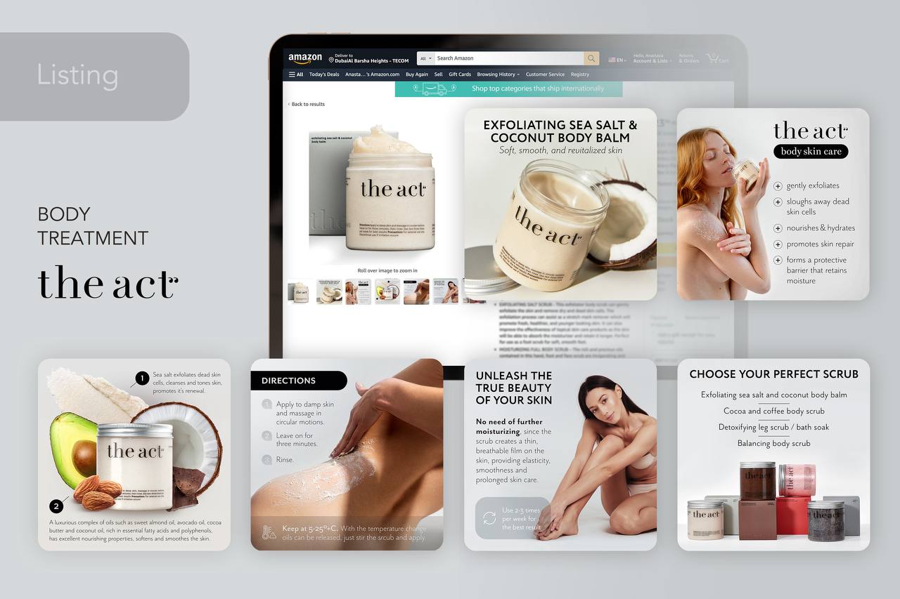 Amazon listing gallery and A+ content for the act body treatment range