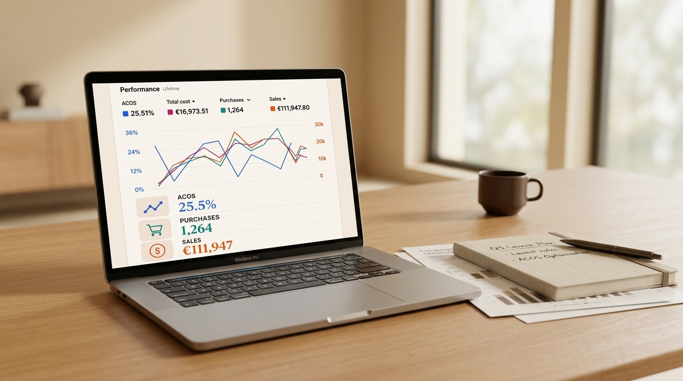 Laptop showing a soft-focus abstract analytics dashboard