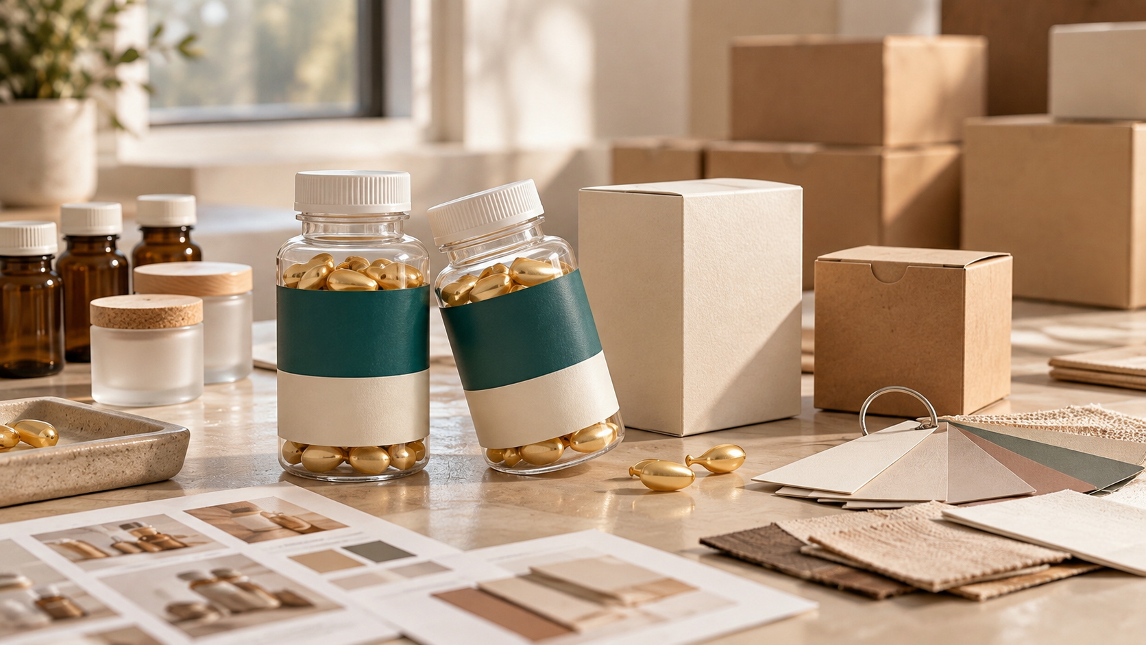 Unbranded sample bottles beside kraft supplier boxes