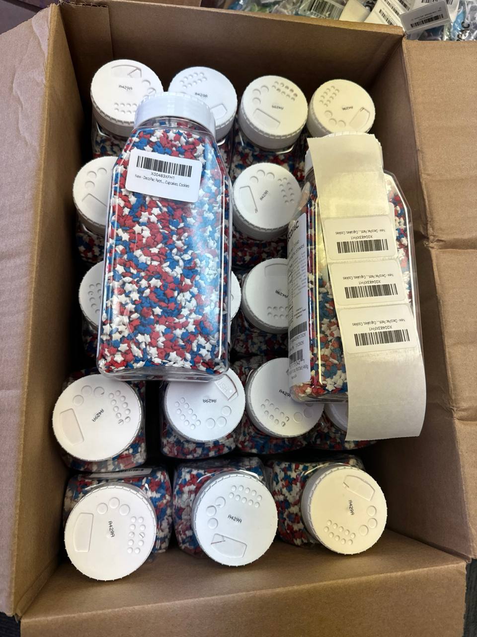 Carton of products with FNSKU barcode labels applied